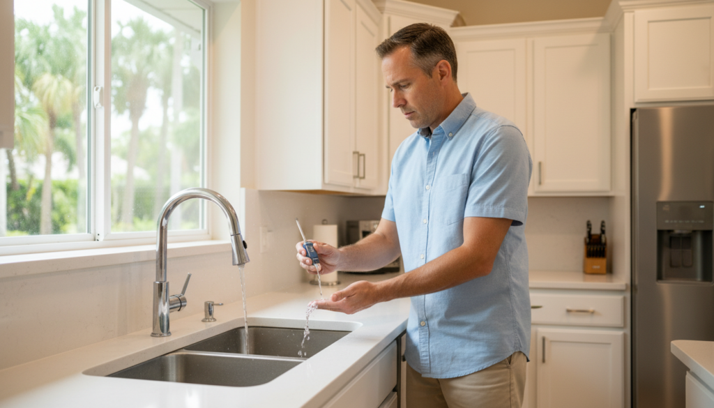 Florida homeowner testing low water pressure at kitchen faucet – First Quality Plumbing